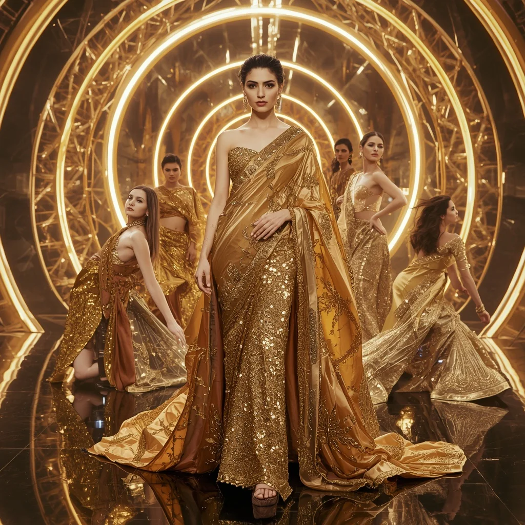 Golden Eclipse Thunder Saree with Floating Halo Cathedral | Face Ai Prompt