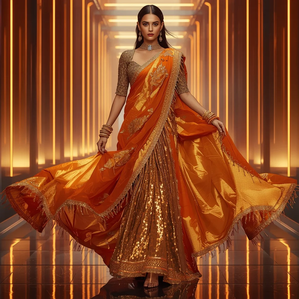 Golden Flame Aurora Saree with Floating Holographic Neon Corridors | Girl Prompt