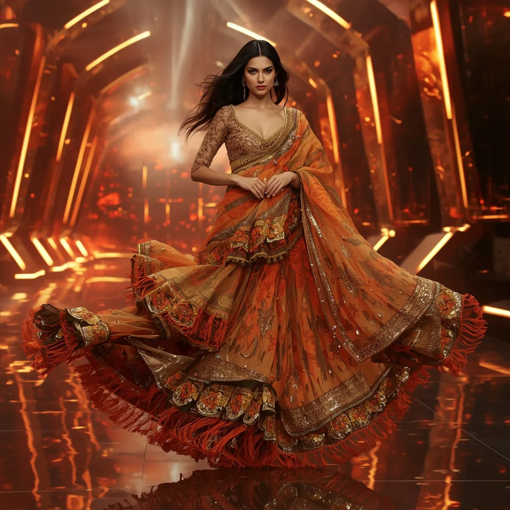 Golden Flame Aurora Saree with Floating Holographic Neon Dimensions | Banana Prompts Girls