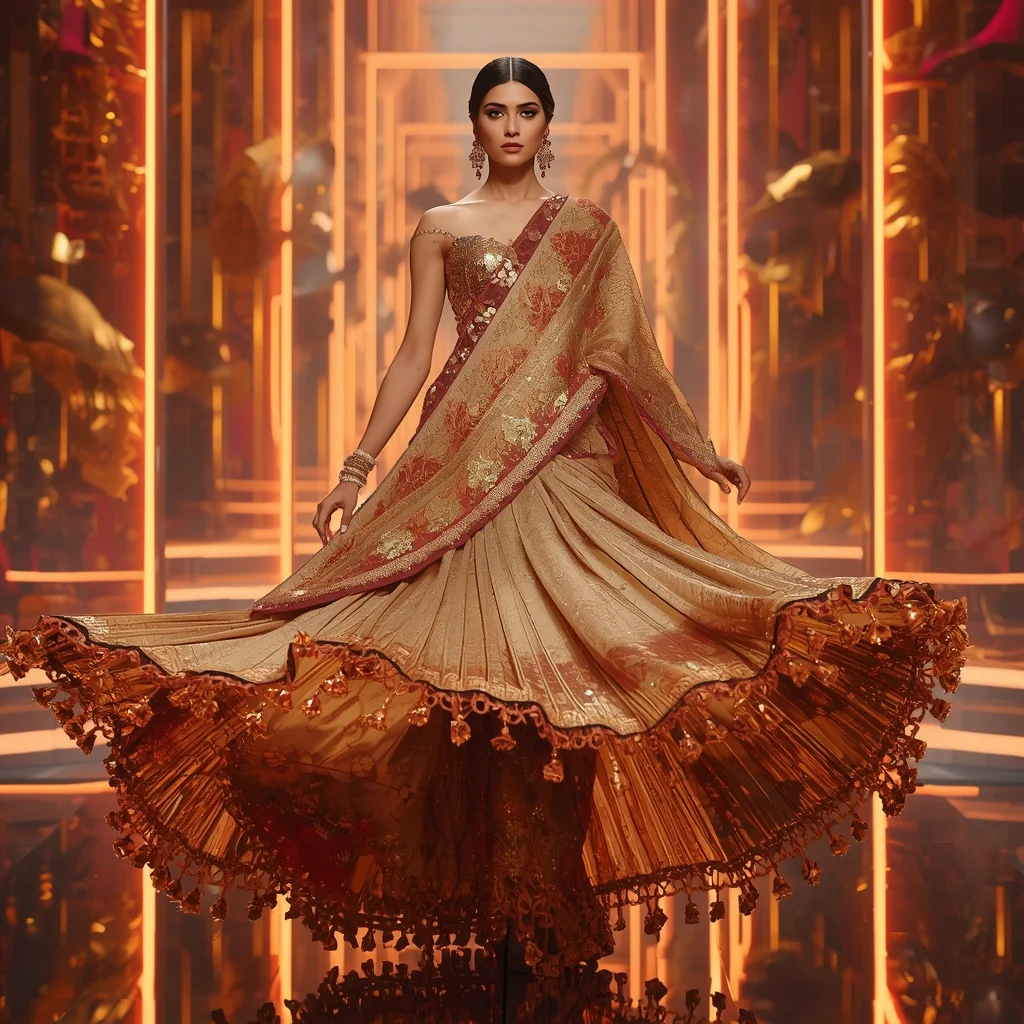 Golden Flame Mirage Saree with Floating Holographic Neon Gateways | Style Ai Prompt