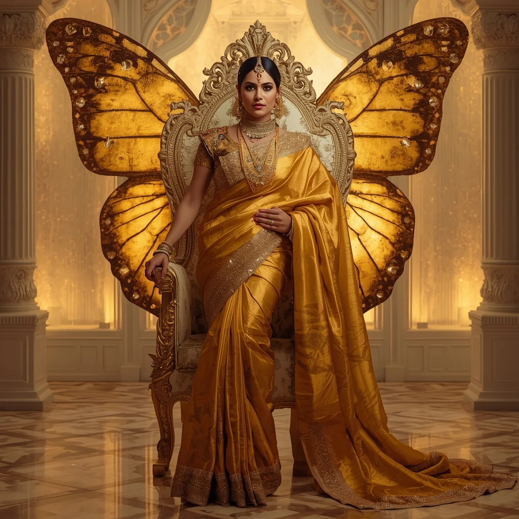 Golden Galaxy Butterfly Saree – Heavy Royal Designer Saree with Throne Pose and Galaxy Butterfly Temple Background | Prompt Seen Girls AI Photo Editing