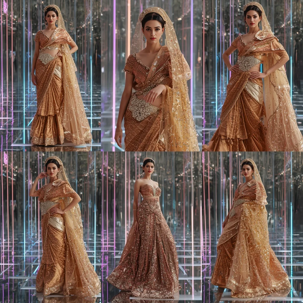 Golden Halo Saree with Infinity Reflective Crystal Atrium | Gemini Ai Saree Photo
