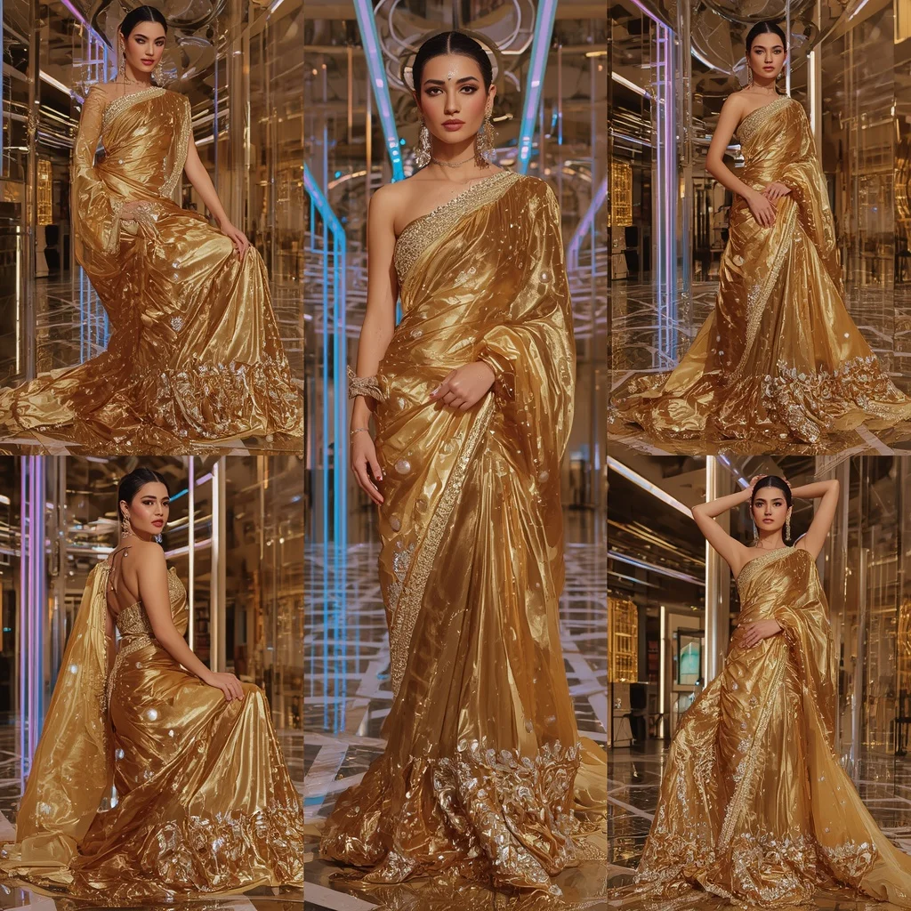 Golden Halo Saree with Infinity Reflective Crystal Atrium Palace | Gemini Ai Prompt Saree Copy Paste