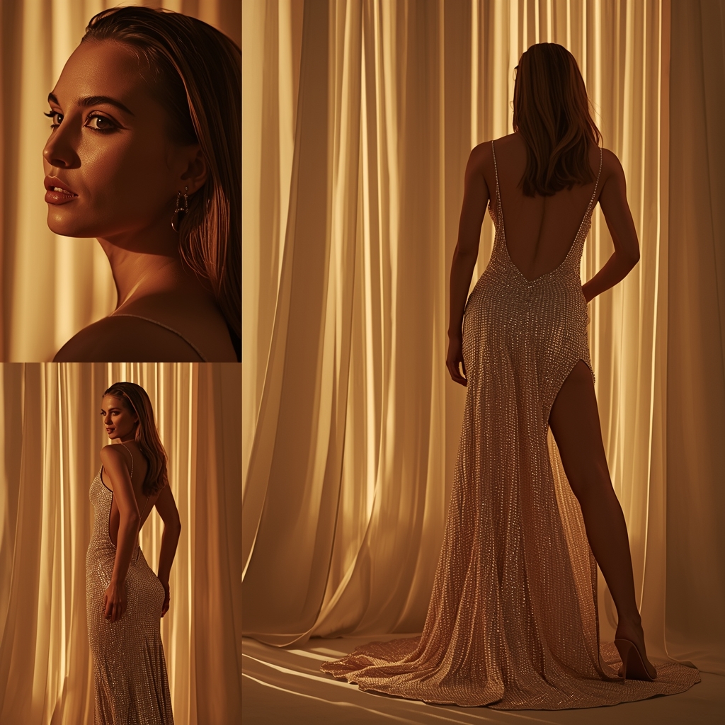 Golden Hour Glow Collage With Elegant Light Drapes Dress | Flux Ai Prompt