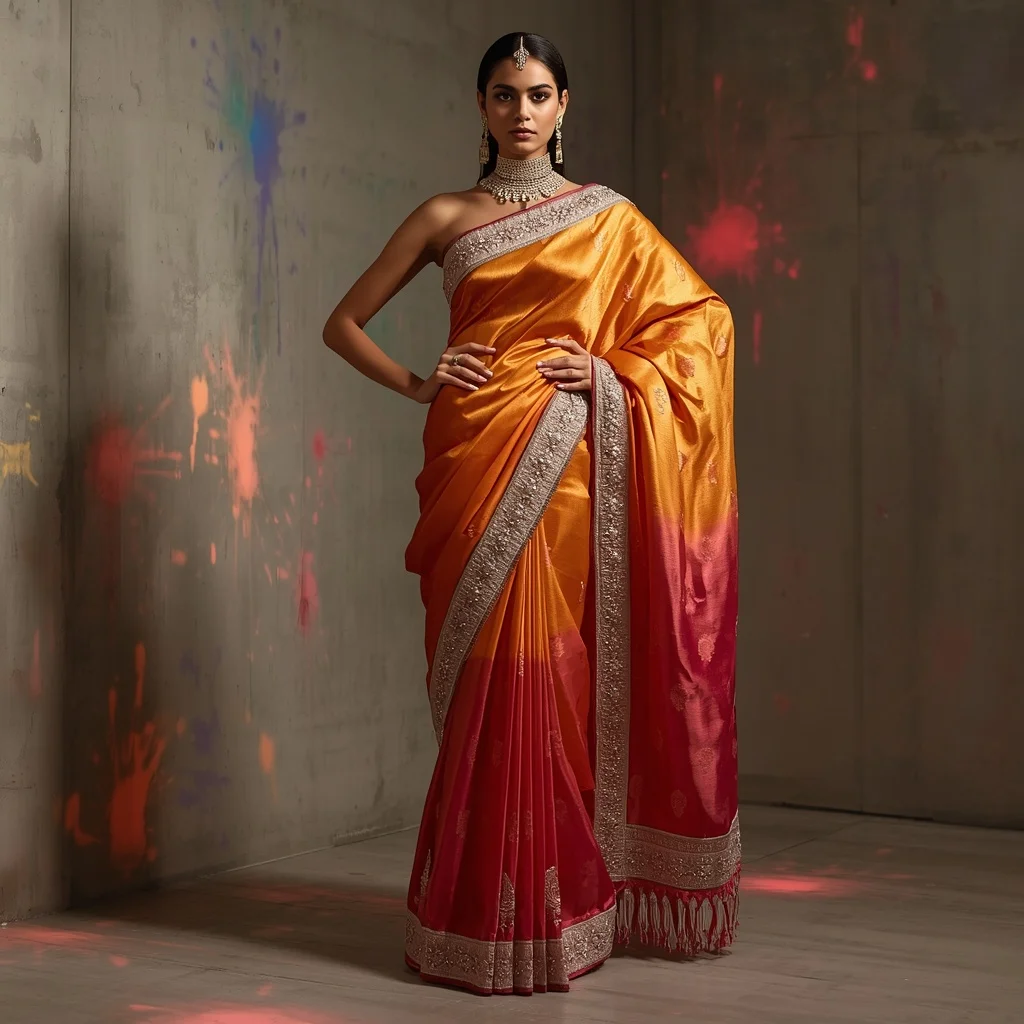 Golden-Hour Ombre Silk Saree with Heavy Bullion Embroidery | Ai Gemini Photo Prompt