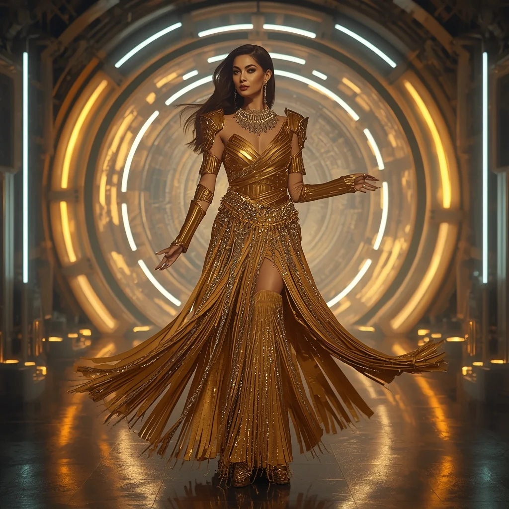 Golden Meteor Storm Apex Core Armor Saree with Neon Spiral Reactor Infinity Cathedral Vault Engine Singularity Core Collapse System Nexus Field | Prompt For Gemini Girl Style Trending