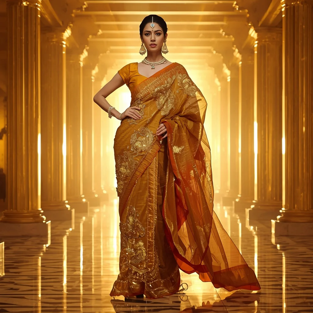 Golden Mirage Solar Core Temple Saree – Heavy Festival Saree with Regal Pose and Solar Core Temple Background | Instagram Viral Photo Prompt