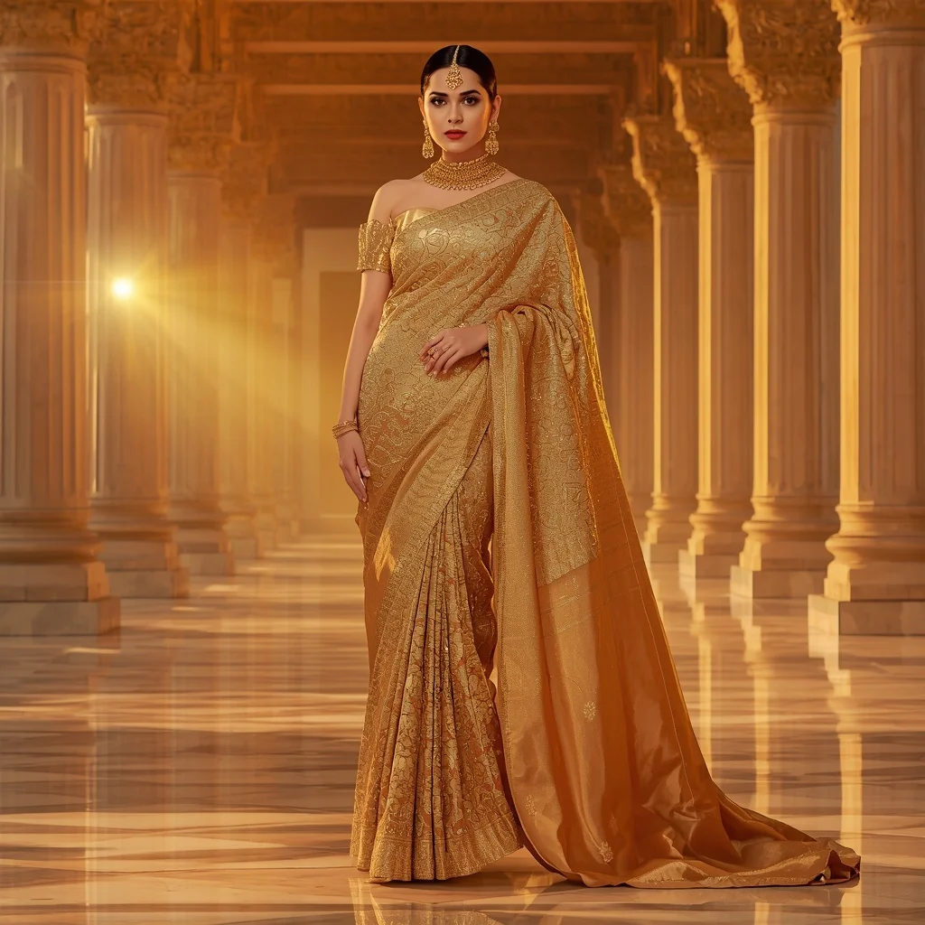 Golden Mirage Solar Zenithflare Saree – Heavy Festival Saree with Regal Pose and Solar Zenithflare Temple Background | Trending Girl Photo Prompt
