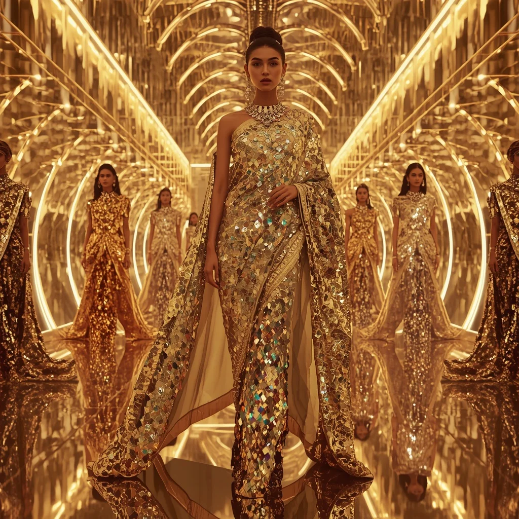 Golden Mirror Celestial Infinity Saree with One Thousand Fashion Frames and Holographic Eternal Quantum Megaverse | Art Ai Prompt