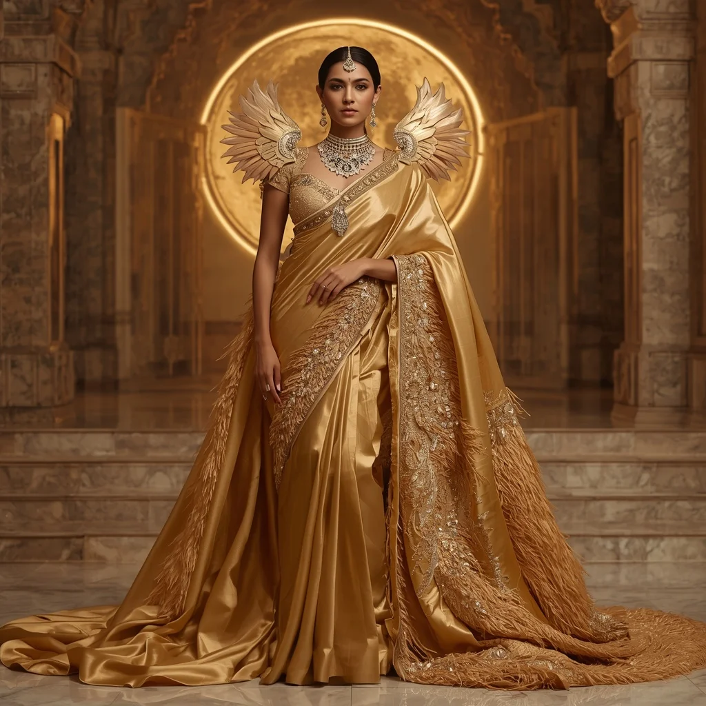 Golden Moon Phoenix Saree – Heavy Royal Designer Saree with Throne Pose and Moon Phoenix Temple Background | Prompt For Gemini AI Girl Model