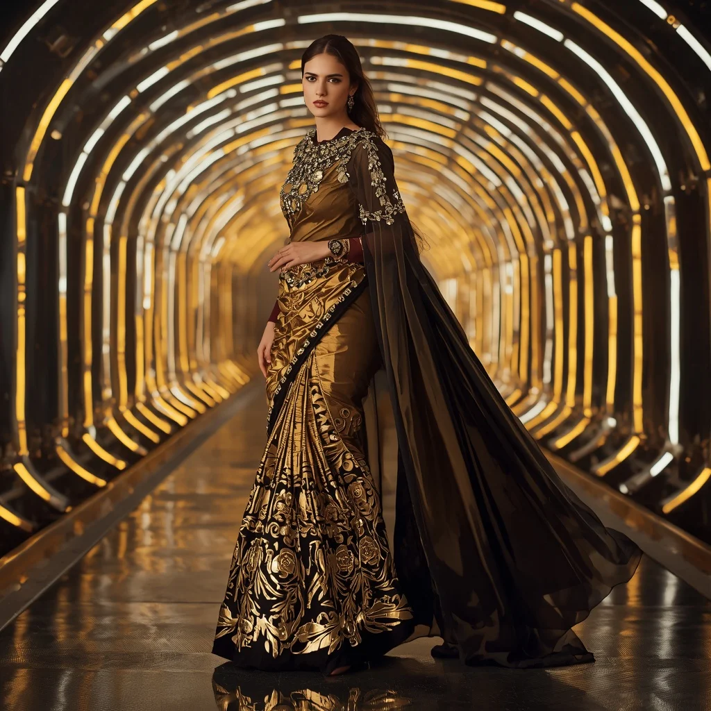 Golden Obsidian Mirror Saree with Curved Laser Boulevard | Saree Whatsapp Dp Ai Prompt