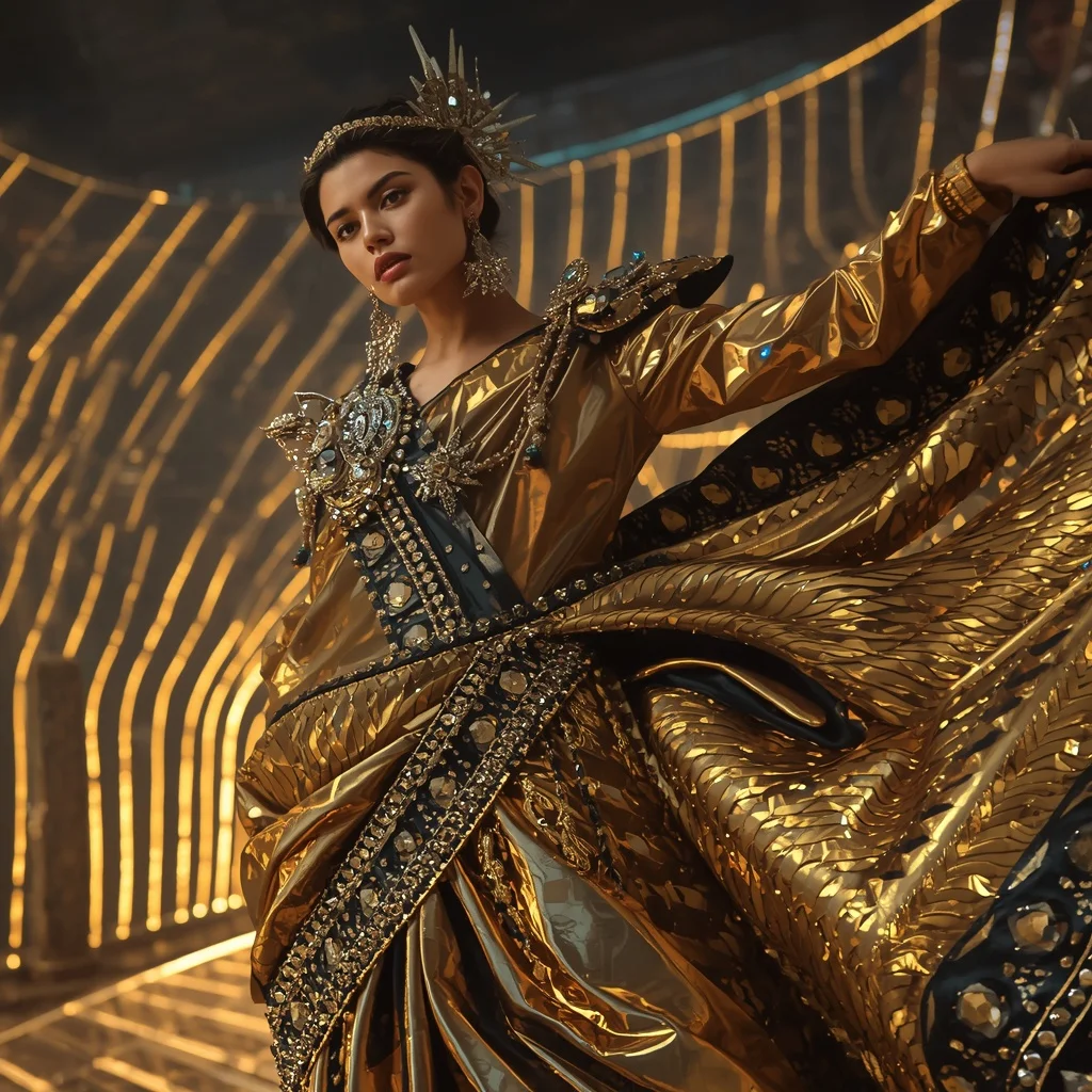 Golden Obsidian Mirror Saree with Curved Laser Citadel | Prompt Generator