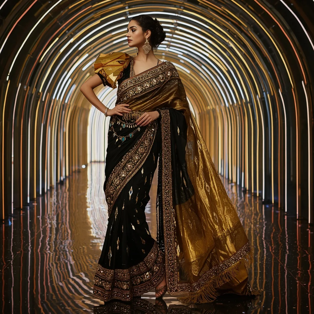 Golden Obsidian Royale Saree with Curved Laser Infinity Sanctuary | Prompt For Traditional Look For Girl Copy Paste