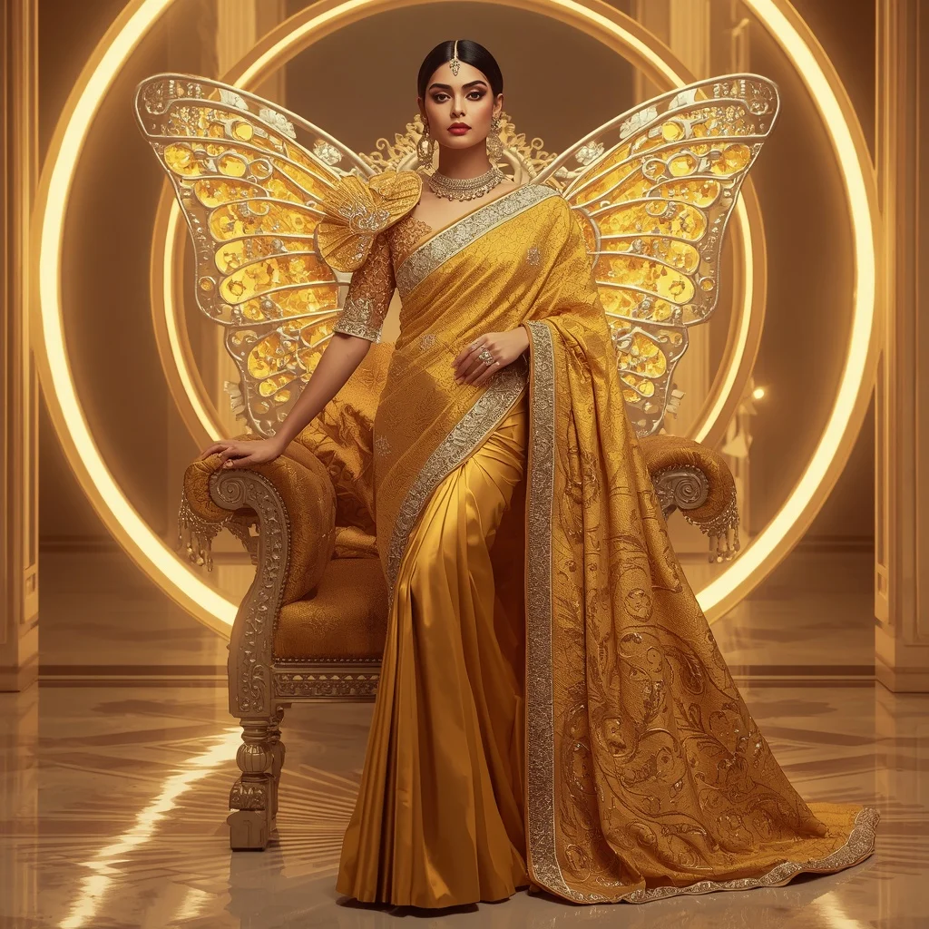 Golden Orbit Butterfly Saree – Heavy Royal Designer Saree with Throne Pose and Orbit Butterfly Temple Background | Prompt Seen Trending Girl 2026 Chatgpt