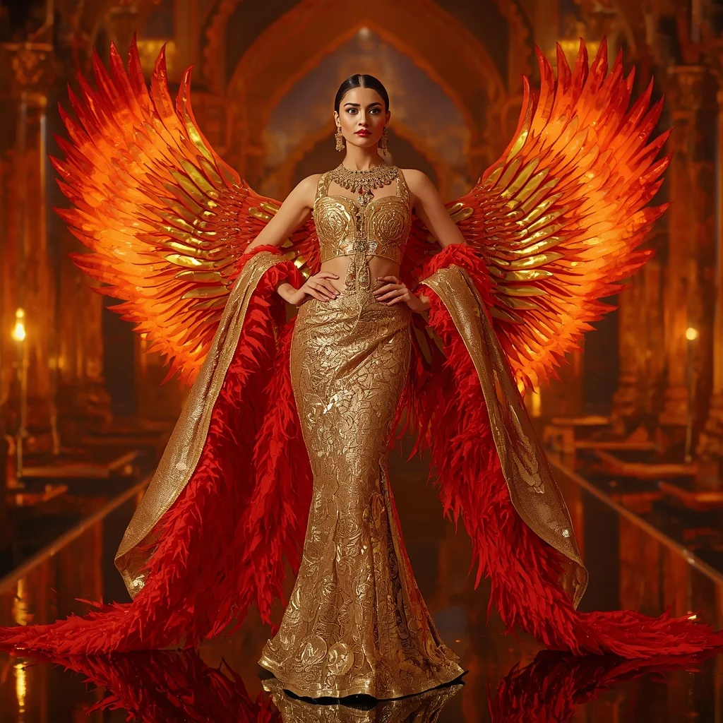 Golden Phoenix Wing Saree with Ember Royal Reflection Temple | Prompt For Gemini Ai Girl Indian Style