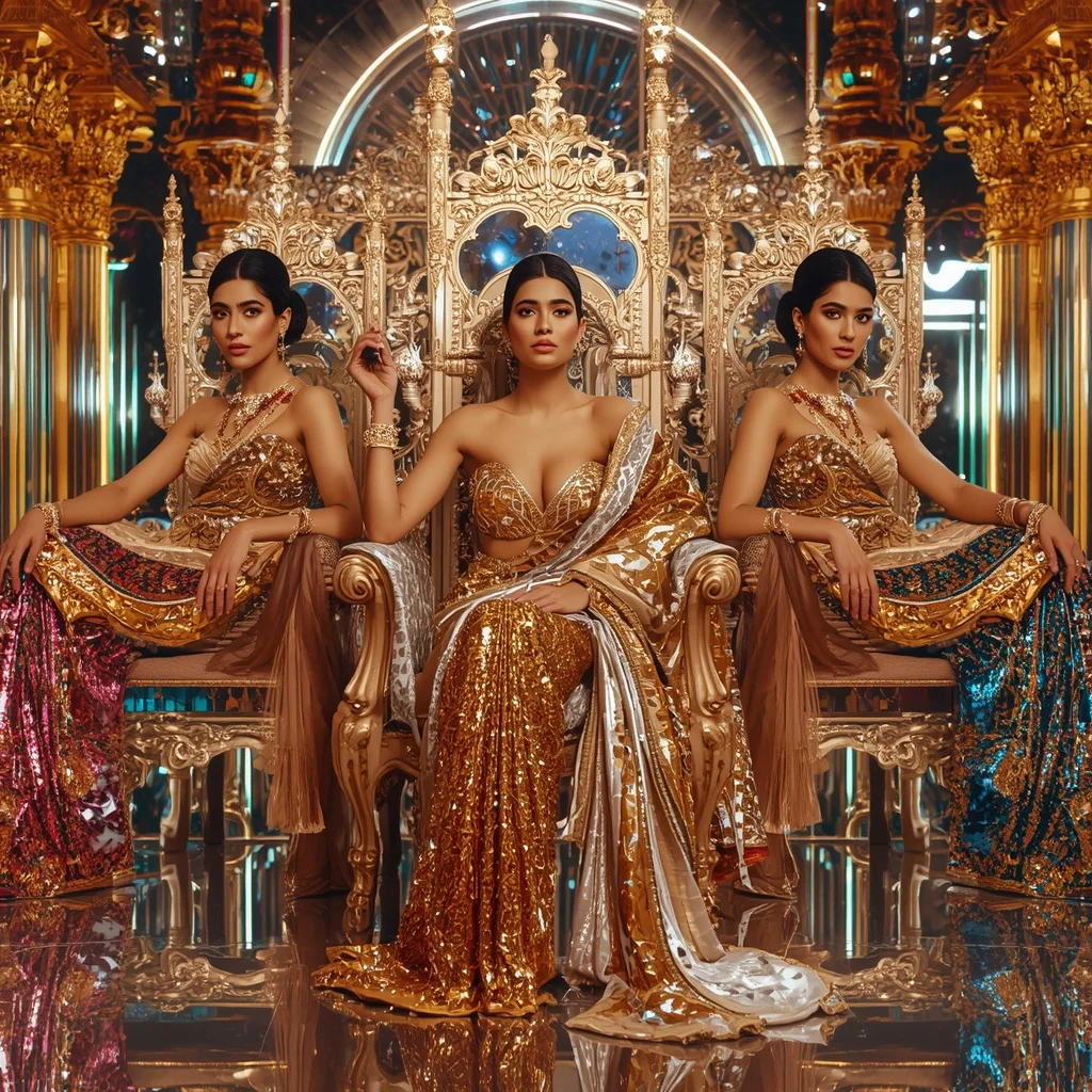 Golden Prism Celestial Saree with Luxury Throne Poses and Holographic Neon Kingdom | Instagram Photography Ai Prompt
