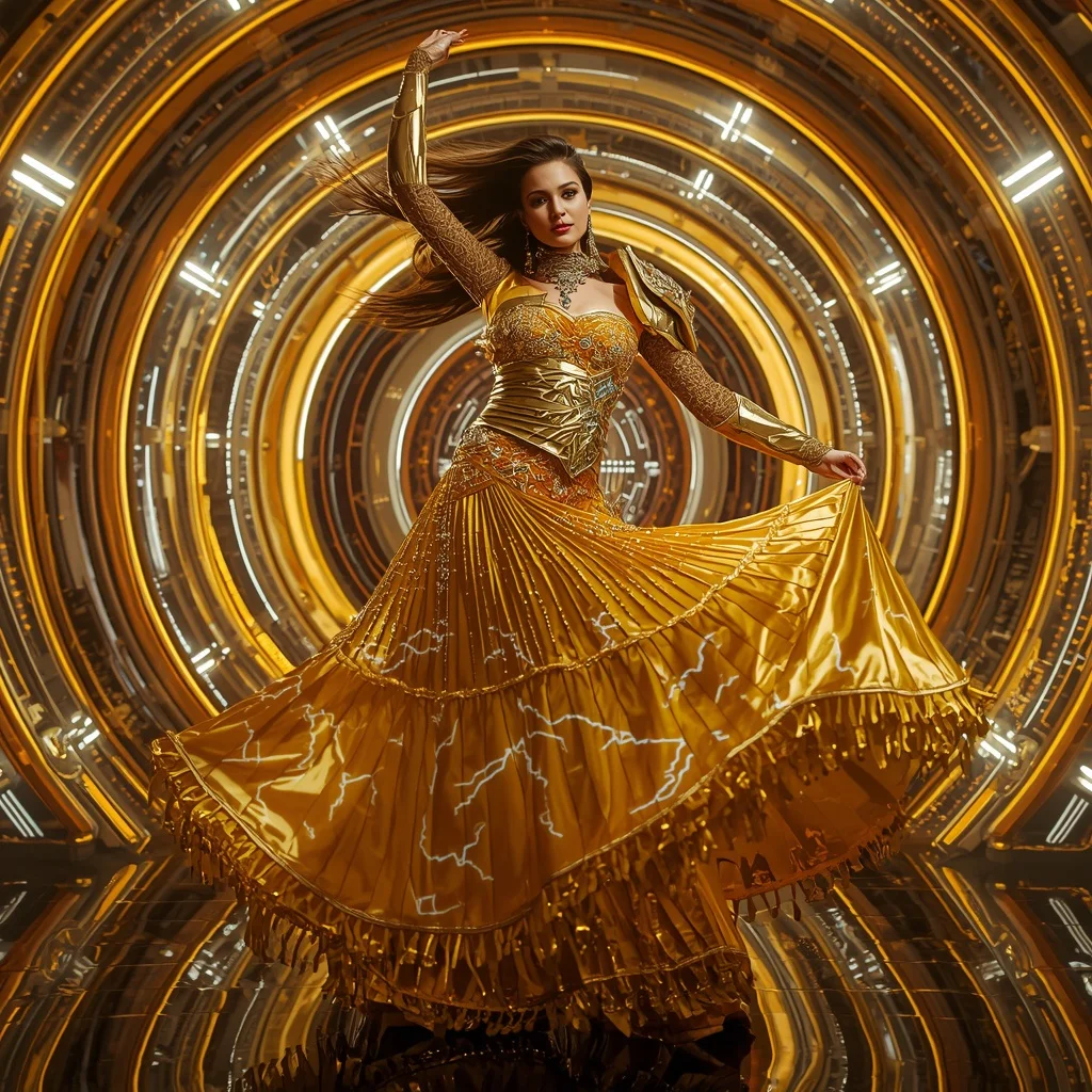Golden Solar Flare Apex Armor Saree with Neon Spiral Reactor Infinity Energy Vault Cathedral Core System Engine | Fashion Ai Prompt