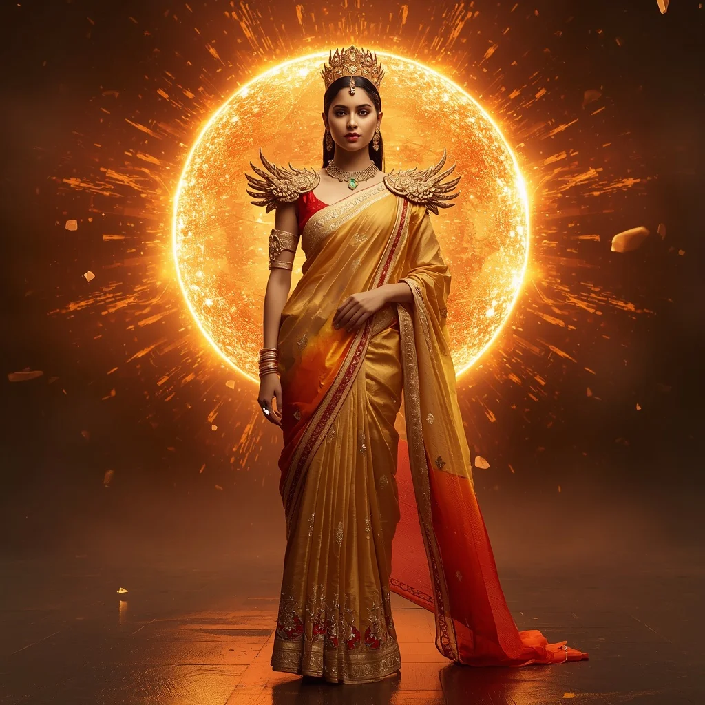 Golden Solar Hypernova Phoenix Crown Festival Saree With Radiant Cosmic Fire Burst Scene | Saree Dp Ai Prompt