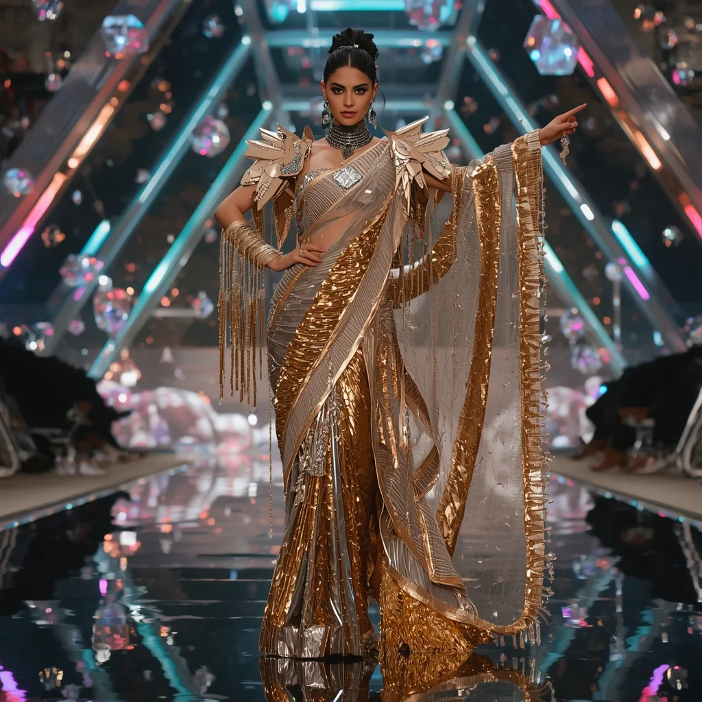 Golden Thunder Crystal Saree with Floating Prism Reflection Observatory | Gemini Prompt