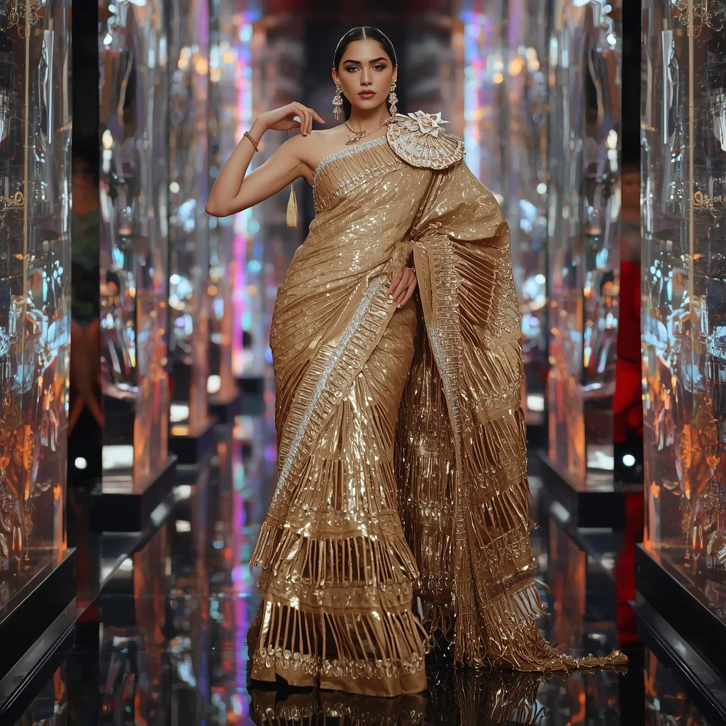 Golden Thunder Empress Saree with Floating Crystal Panels | Kurti Style Ai Prompt