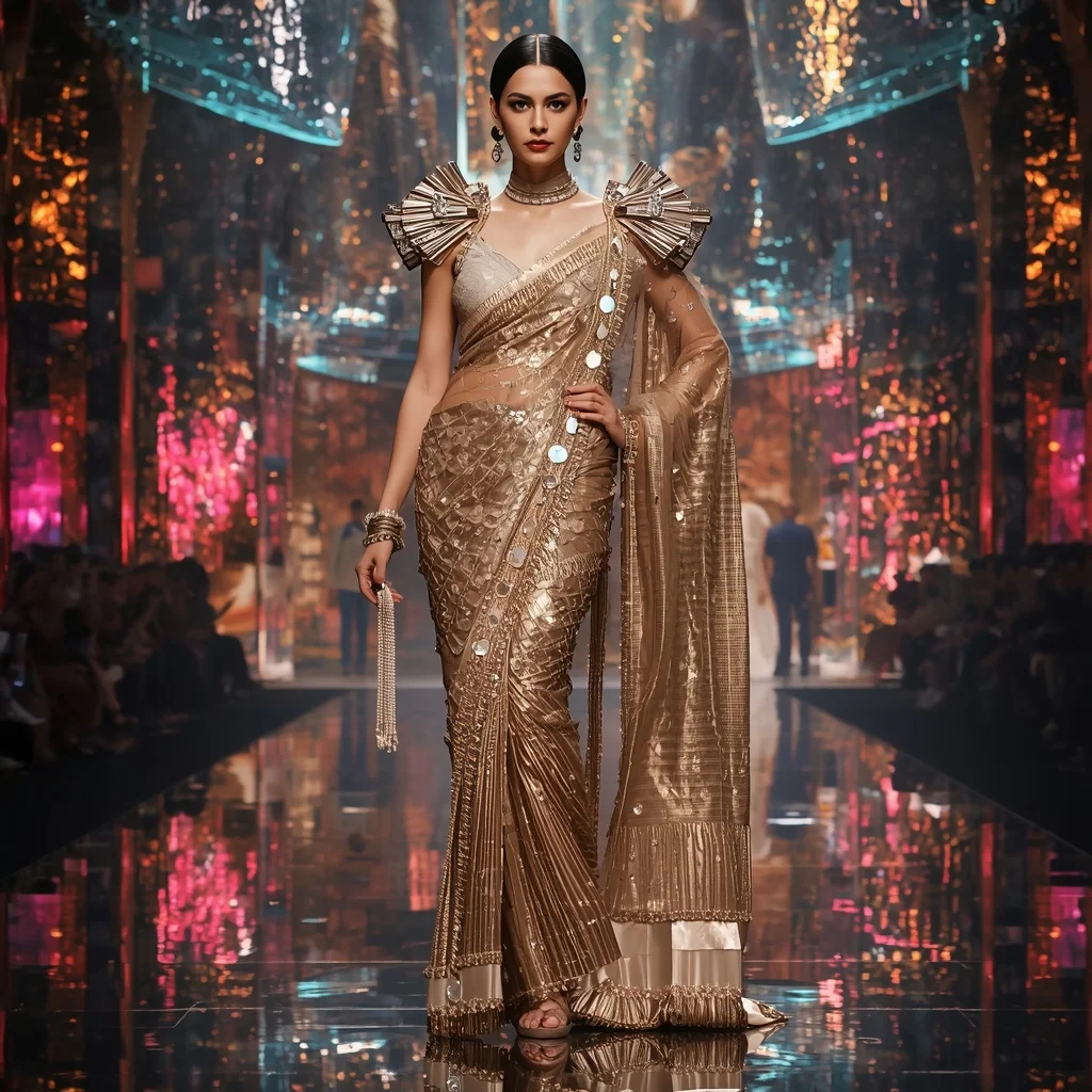 Golden Thunder Empress Saree with Floating Prism Reflection Cathedral | Prompt Generator