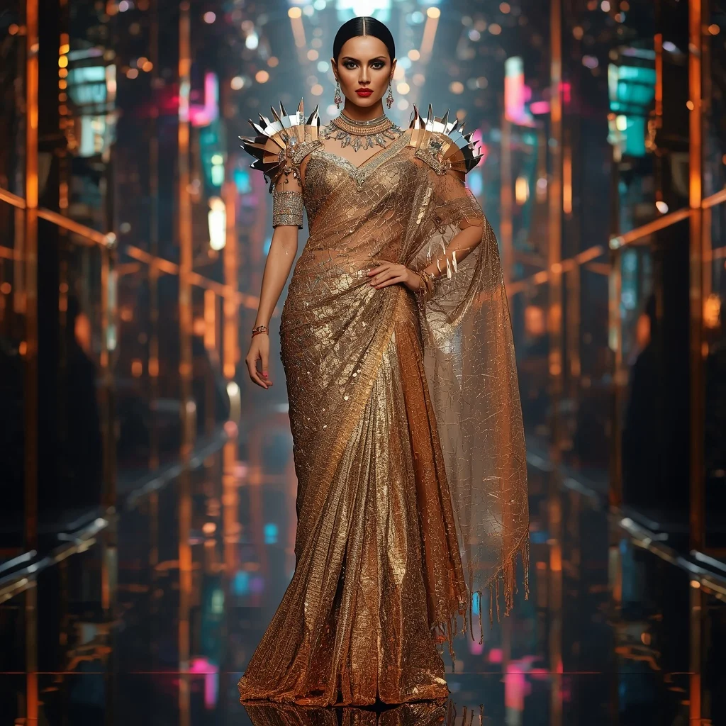 Golden Thunder Fantasy Saree with Floating Prism Reflection Hall | Midjourney Prompt List