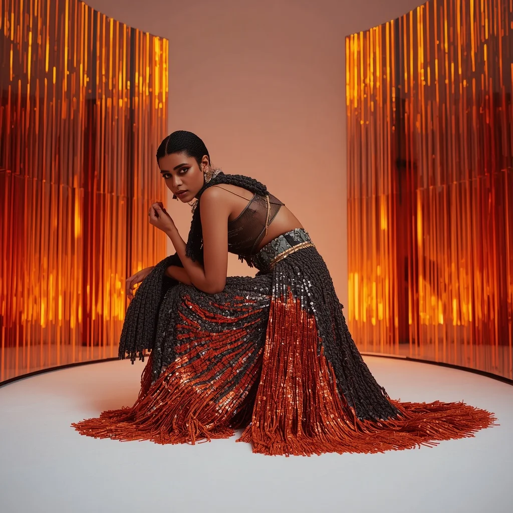 Gunmetal and Lava Orange Fringe Saree with Infinity Mirror Pod
