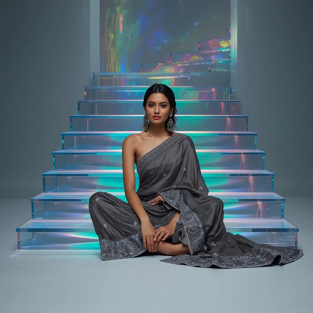 Gunmetal Fiber-Optic Saree – Cross-Legged Sit with Rainbow Prism Stairs | Anime Ai Prompt