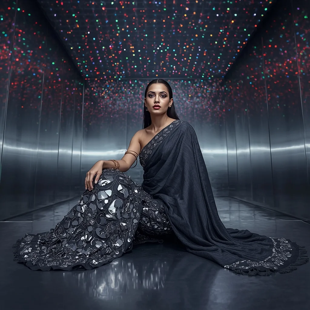 Gunmetal Grey and Silver Mirror-Mosaic Saree with Edgy Pose | Luxury Ai Prompt