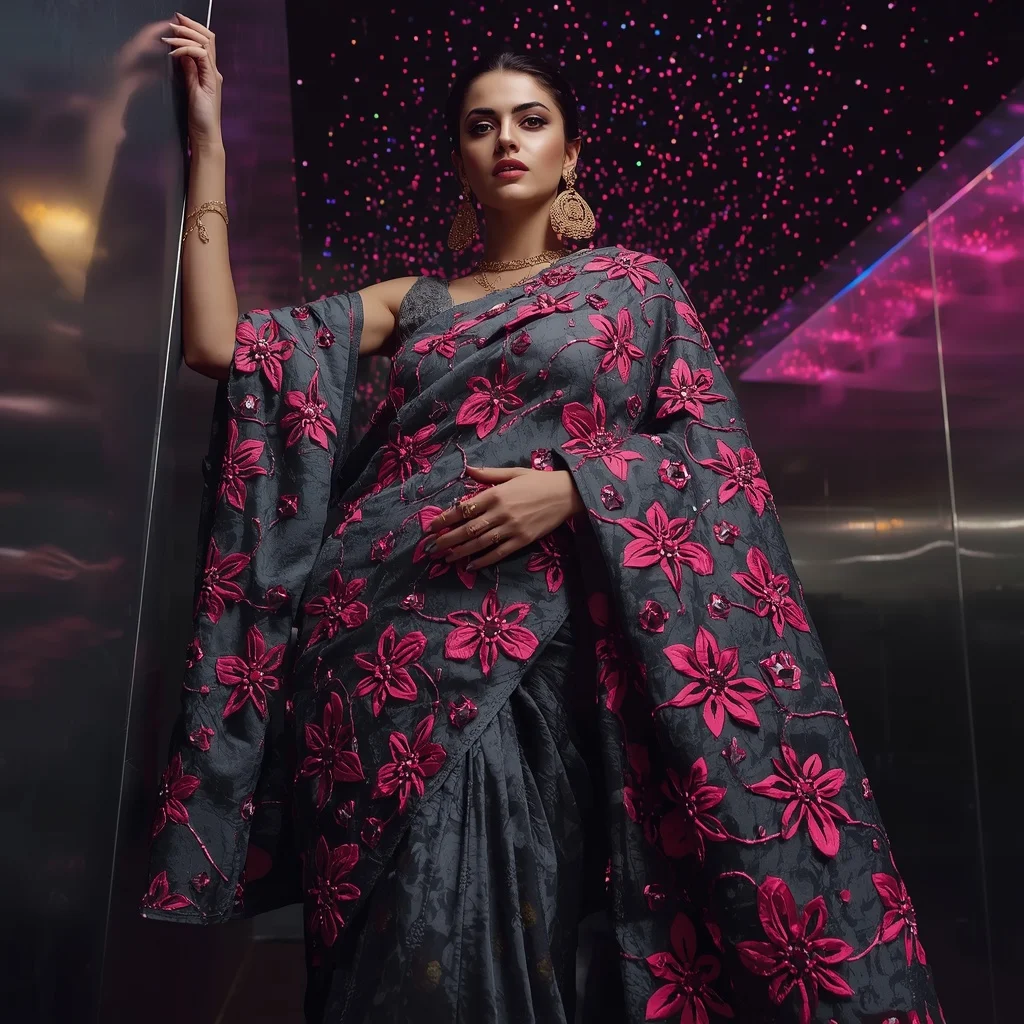 Gunmetal Grey Georgette Saree with Neon Pink Laser-Cut Applique | Cute Girl Ai Prompt