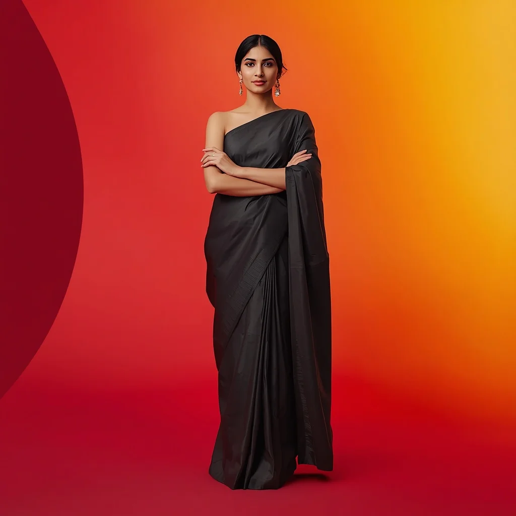 Gunmetal Origami Fold Saree – Boss Arms-Crossed Stance with Sunset Ombre Sweep | Copy Paste Ai Prompt