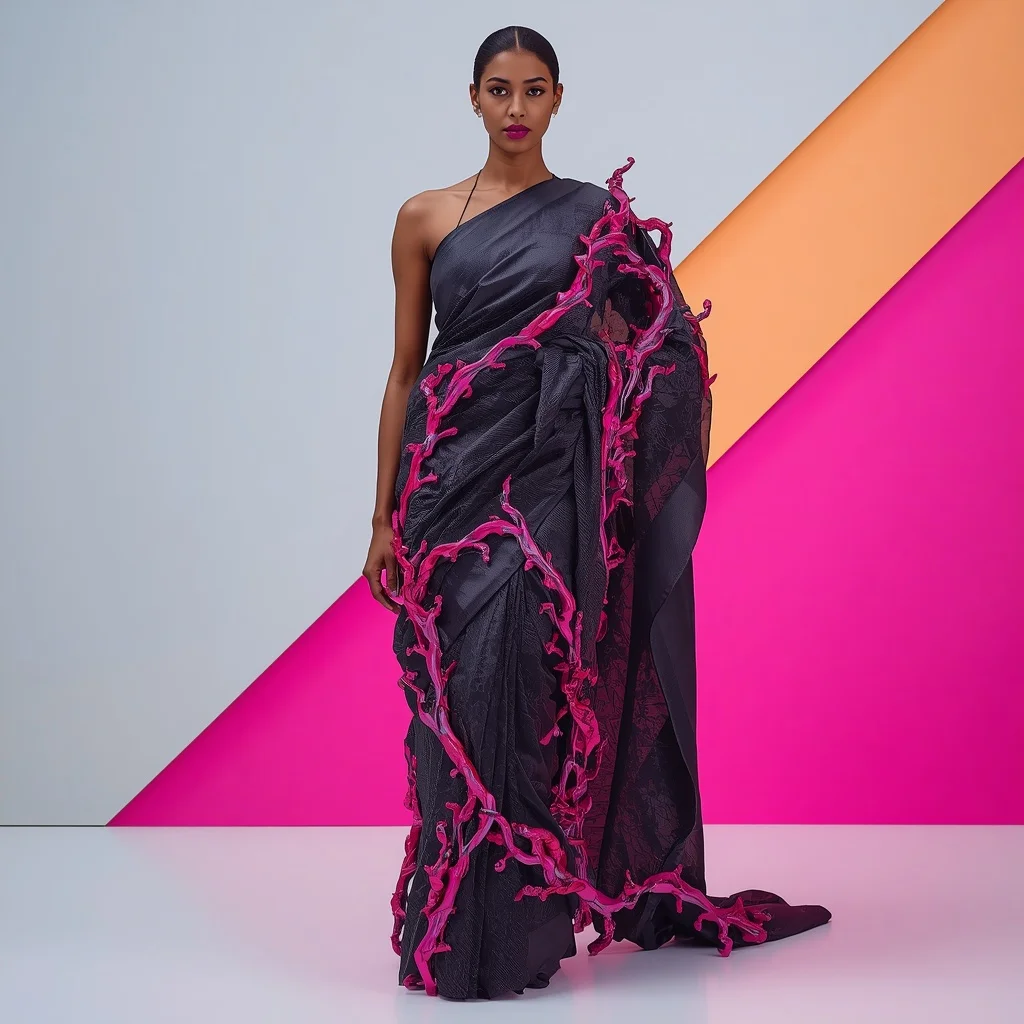 Heavy 3D Carbon Fiber Saree with Shimmering Neon Pink Plasma Vines | Ai Image Prompt
