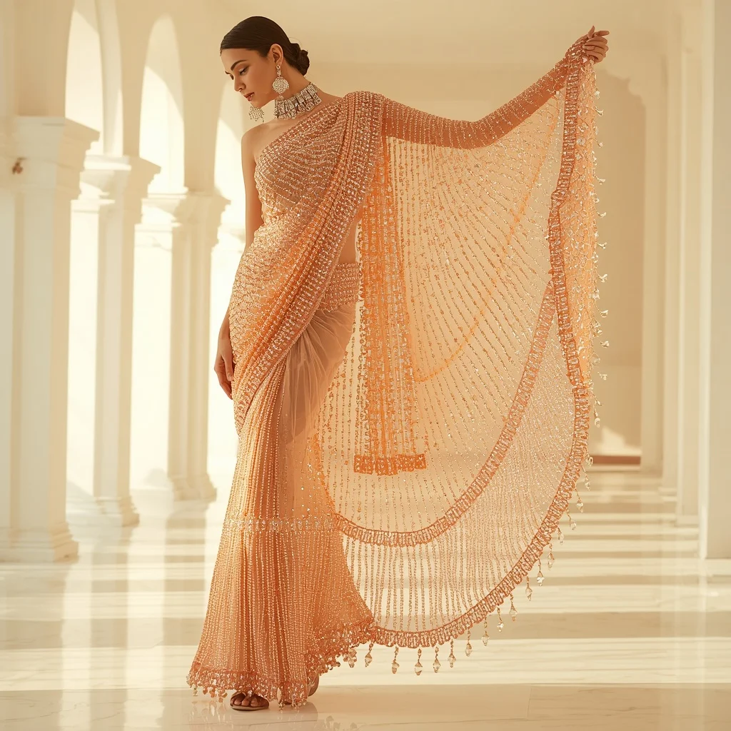 Heavy 3D Crystal Chandelier Fringe Apricot Saree | Dramatic Pallu Drop Pose | Youtube Thumbnail Ai Prompt