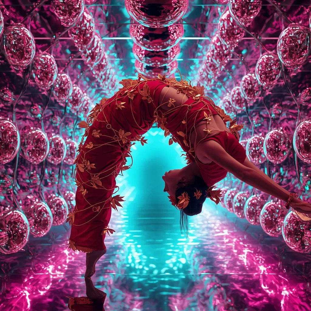 Heavy 3D Metallic Vine Armor & Crimson Silk Saree | Mid-Air Hovering Arch Pose | Glowing Neon Fractal Tunnels | Beautiful Woman Ai Prompt