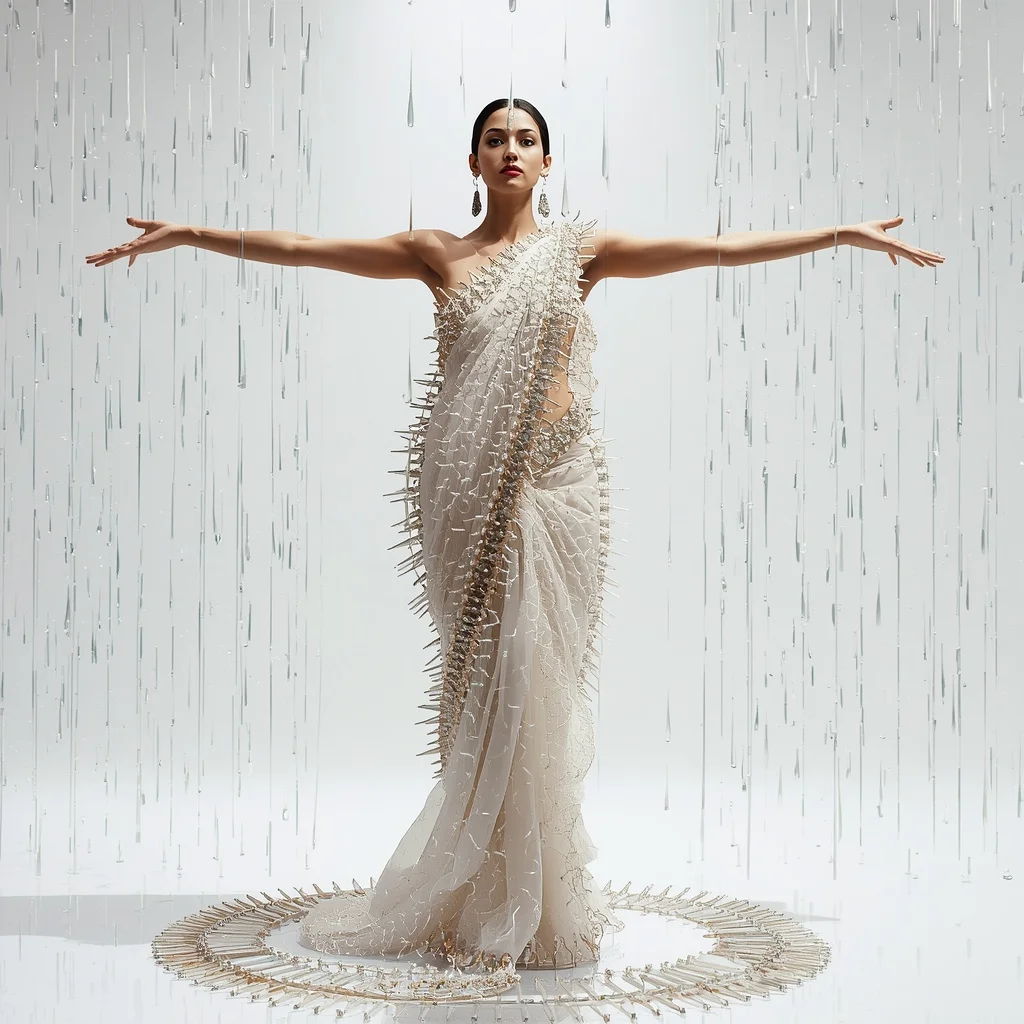 Heavy Beadwork & Glass Spike Net Saree: White Pearl | The Symmetrical Arm Stretch Defiance Pose | Raining Liquid Silver Splashes | Saree Whatsapp Dp Ai Prompt