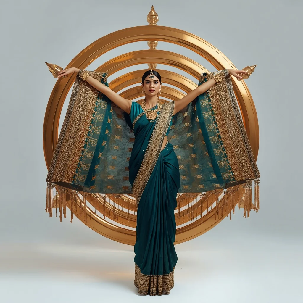 Heavy Bullion Knot & Solid Bronze Armor Saree | Symmetrical Goddess Shield Pose | Floating Molten Gold Rings | Attitude Ai Prompt