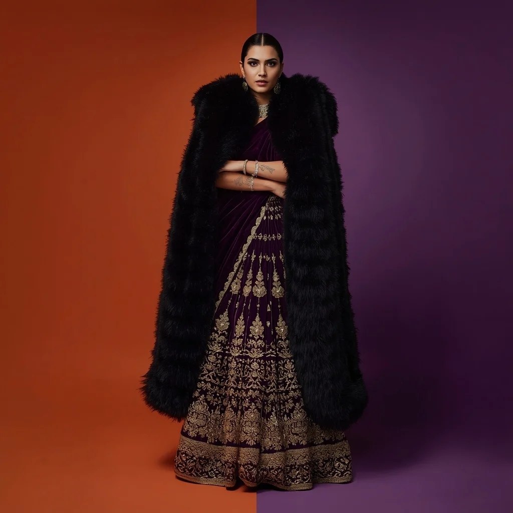 Heavy Faux Fur And Gold Sequin Velvet Saree Fusion Look | ChatGPT Photo Editing Prompts Trending Instagram For Girl