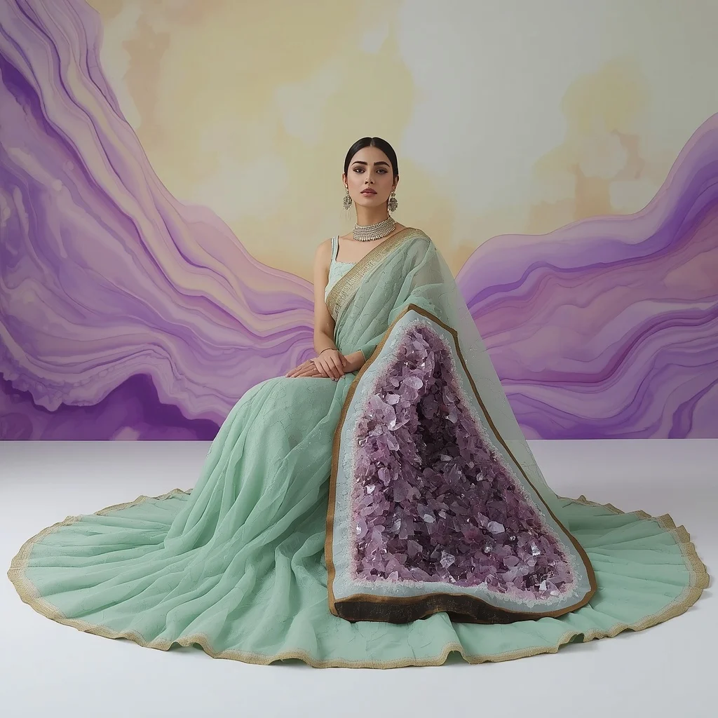 Heavy Geode And Crystal Cavern Textured Organza Saree Look | Prompt Image