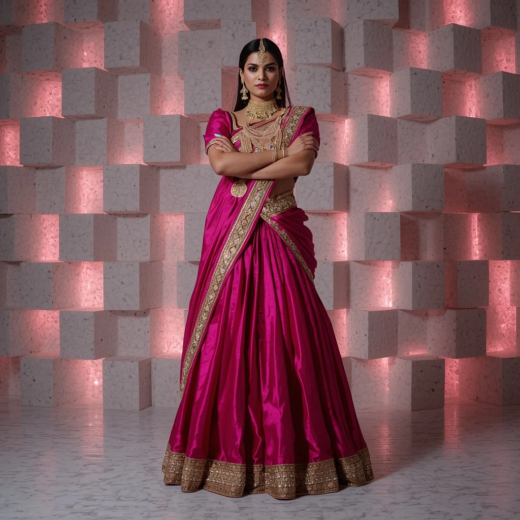 Heavy Kundan Armor & Silk Saree: Fuchsia Pink | The Crossed Arm Warrior Pose | Staggered Glowing Terrazzo Blocks | Instagram Viral Photo Prompt