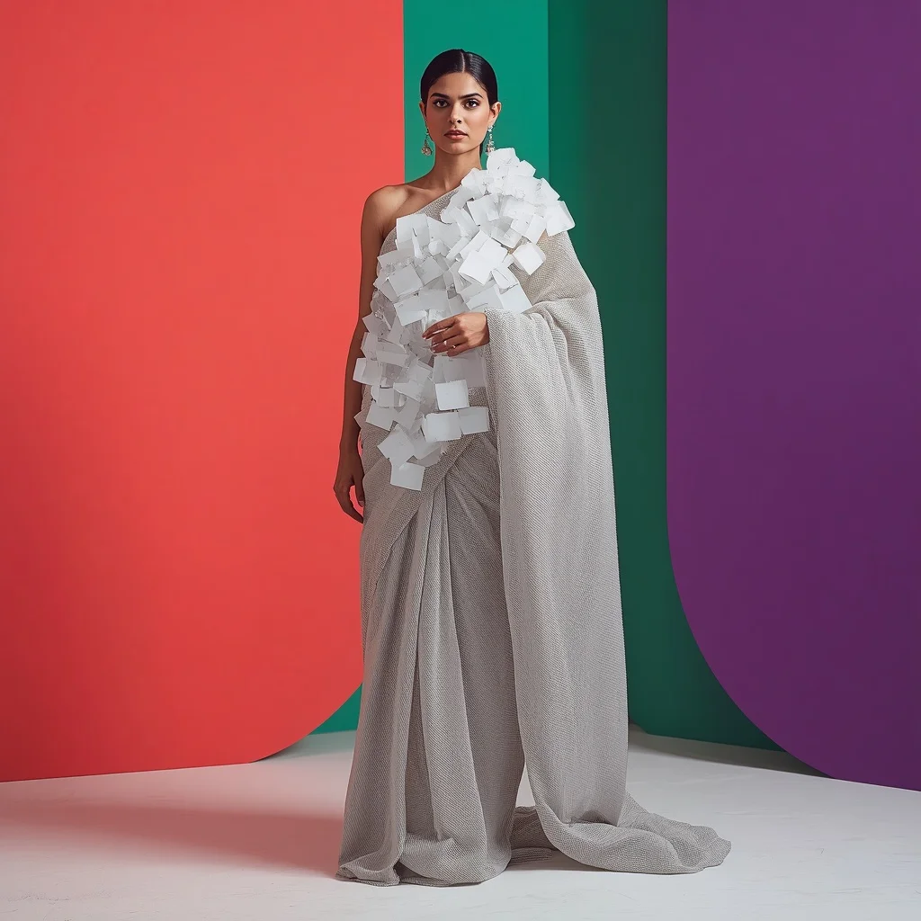Heavy Laser-Cut Frosted Glass Cubes Layered Over Metallic Mesh Saree | Youtube Thumbnail Ai Prompt