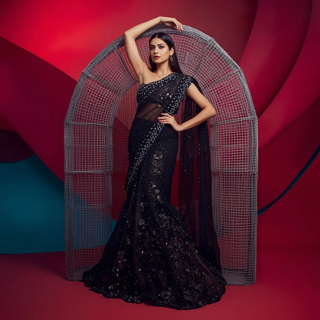 Heavy Obsidian Mirror And Silver Wire Mesh Designer Saree Concept | Whatsapp Dp Ai Prompt