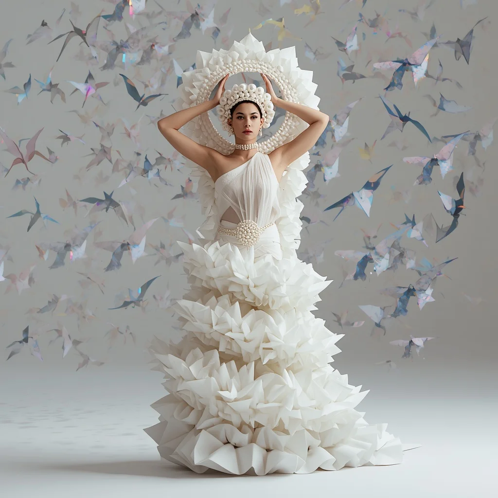 Heavy Pearl Cluster & 3D Sculpted Foam Saree | Over-the-Head Halo Frame Pose | Floating Origami Dragon Swarm | Gemini Ai Photo Prompt Copy Paste