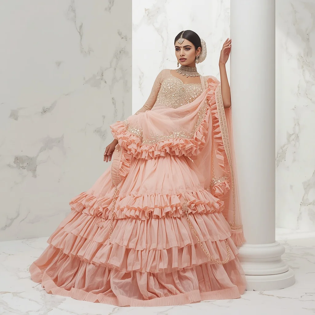 Heavy Pearl & Diamond Corset Ruffled Pink Saree | Power Leaning Pose Reels | Creative Ai Prompt