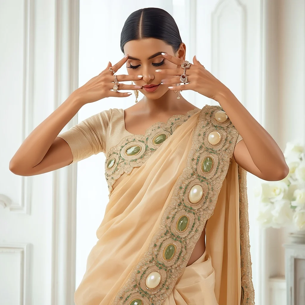 Heavy Scalloped Pearl & Emerald Border Pale Gold Saree | Hands Framing Face Pose | Hd Image Prompt