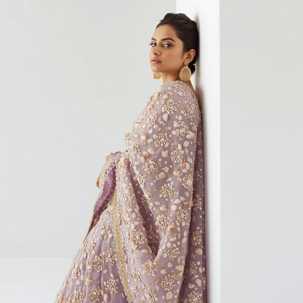 Heavy Shell & Crystal Encrusted Lilac Saree | Graceful Wall Leaning Pose | Ai Selfie Prompt