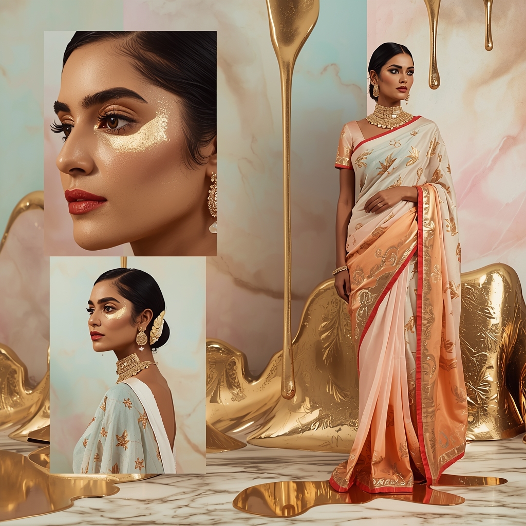 High End Luxury Indian Fashion With Melting Gold Marble Aesthetic | Saree Pose Ai Prompt For Image Generation