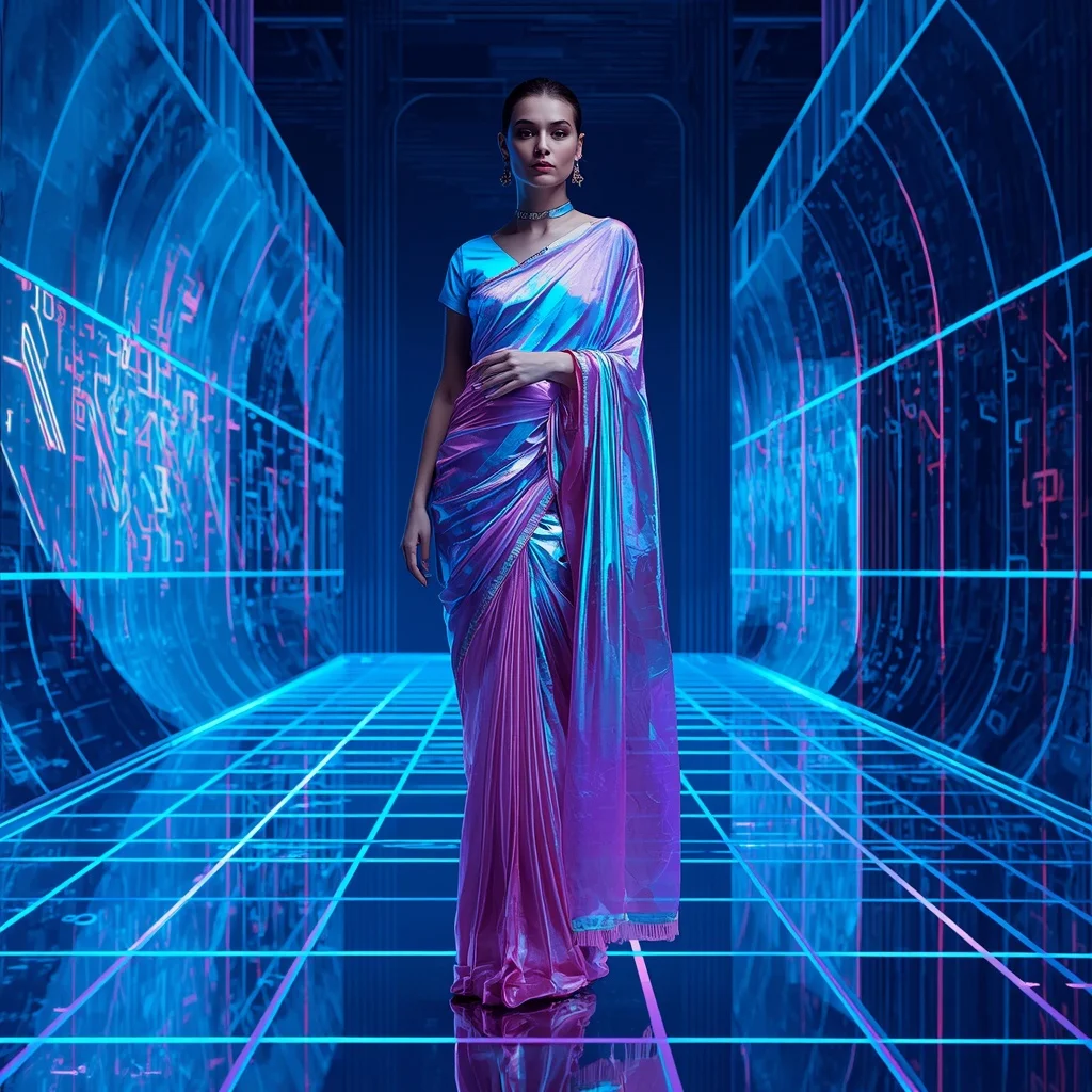 Hologram Plasma Silk Saree with Digital Dimension Split Field | Ai Image Generator Prompt