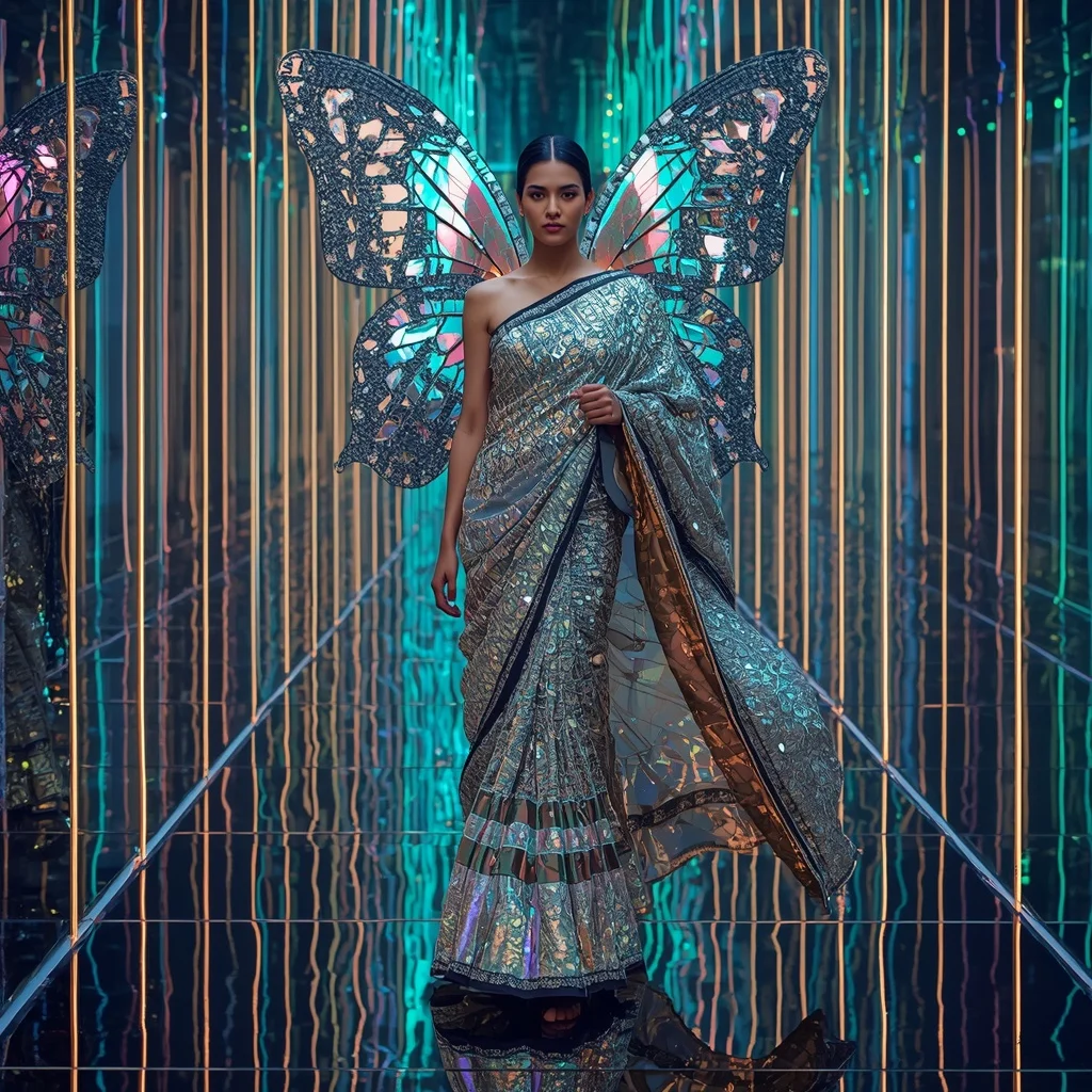 Holographic Butterfly Mirage Saree with Infinity Mirror Room | Instagram Carousel Ai Prompt