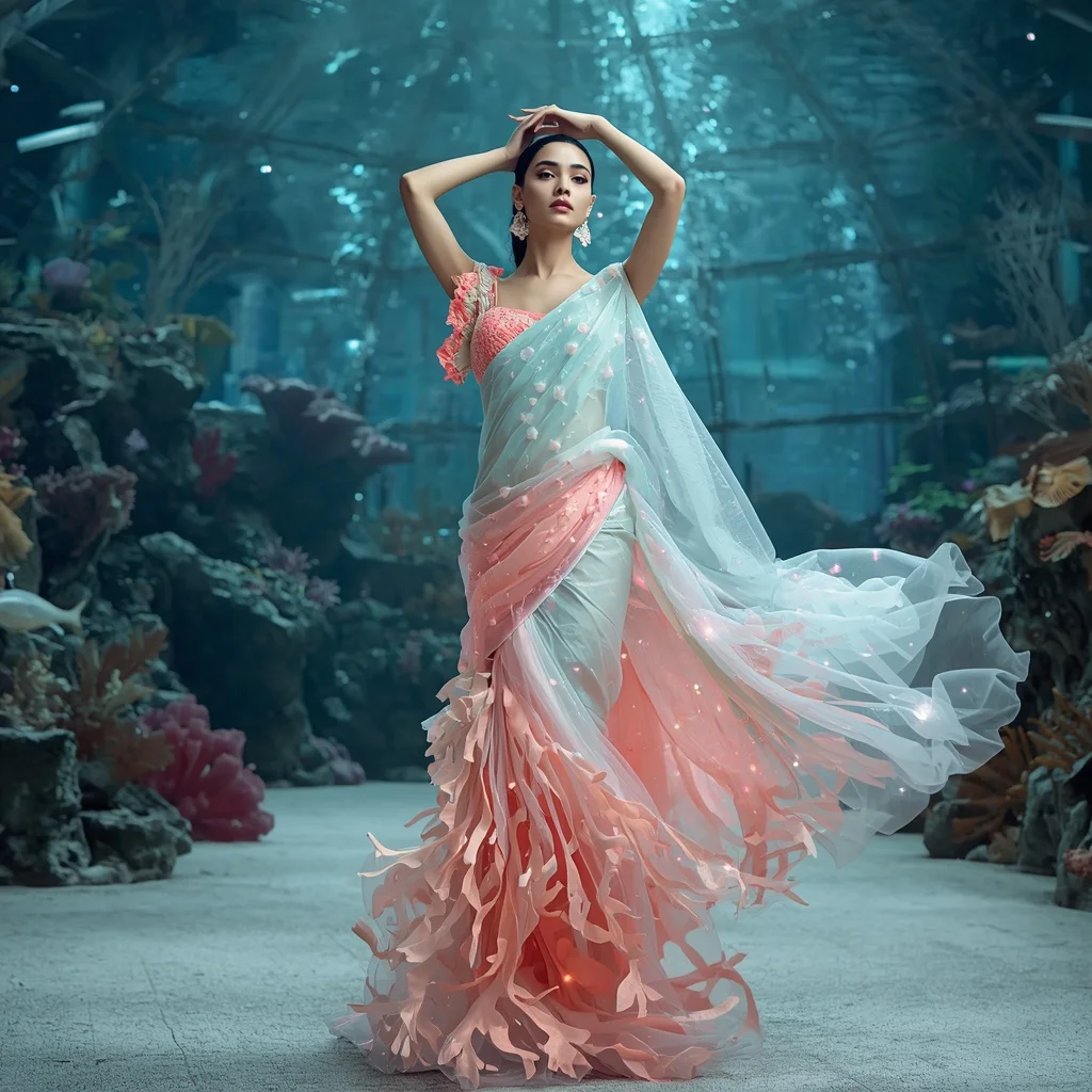 Holographic Coral Rebuild Saree with Ocean Code Architecture | New Design Ai Prompt