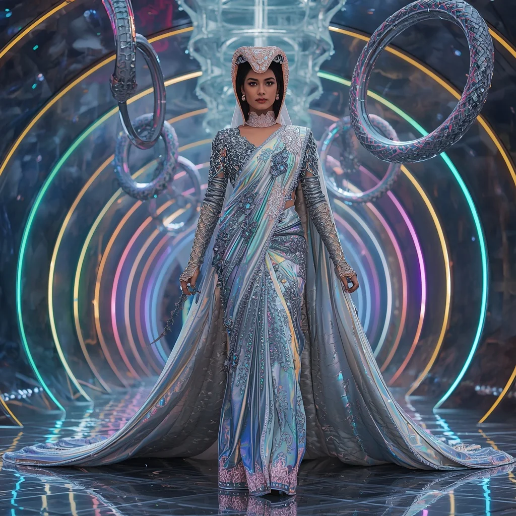 Holographic Crystal Cobra Saree with Floating Serpent Rings and Neon Royal Atrium | Woman Pose Ai Prompt